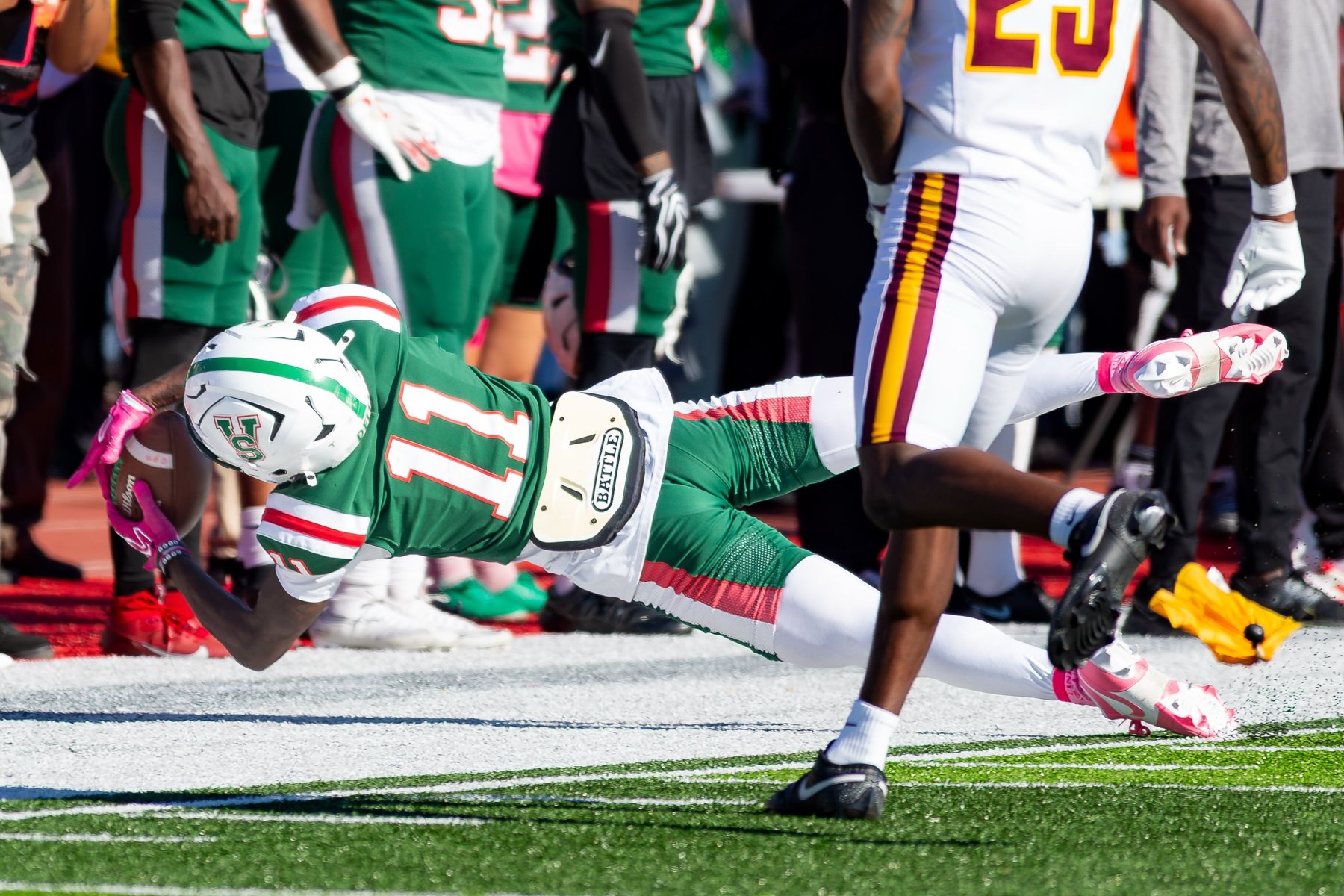 MVSU receiver diving for a catch at homecoming