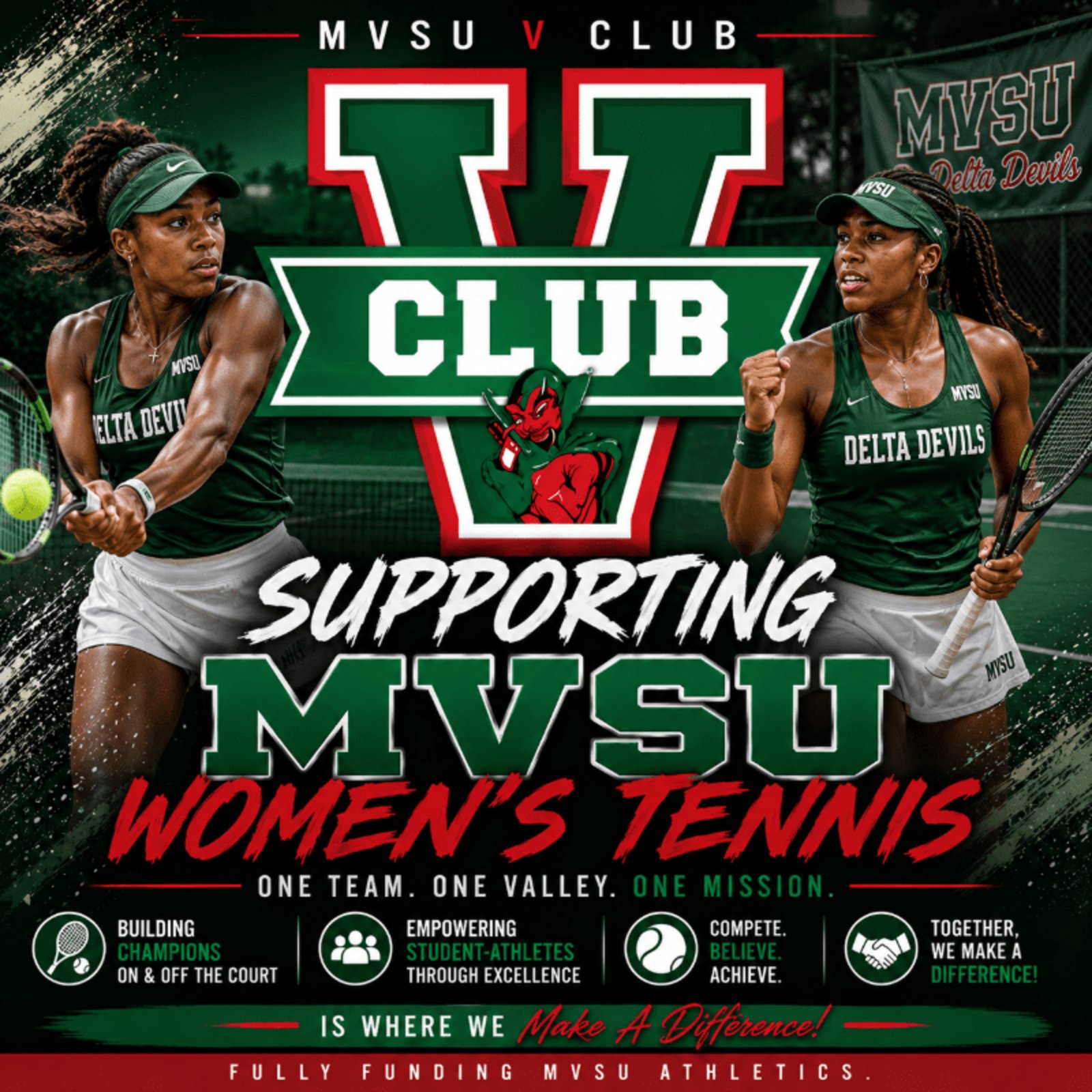 V Club campaign graphic: Supporting MVSU Women's Tennis