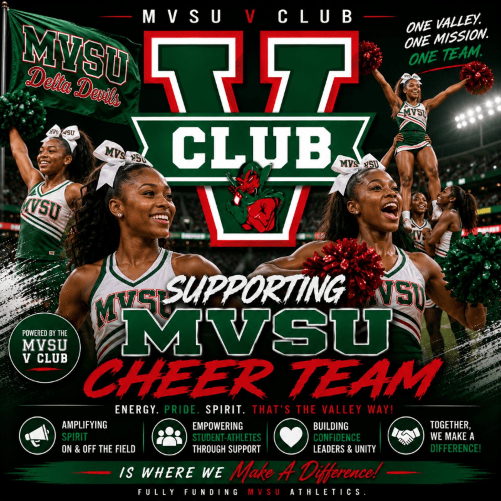 V Club campaign graphic: Supporting MVSU Cheer