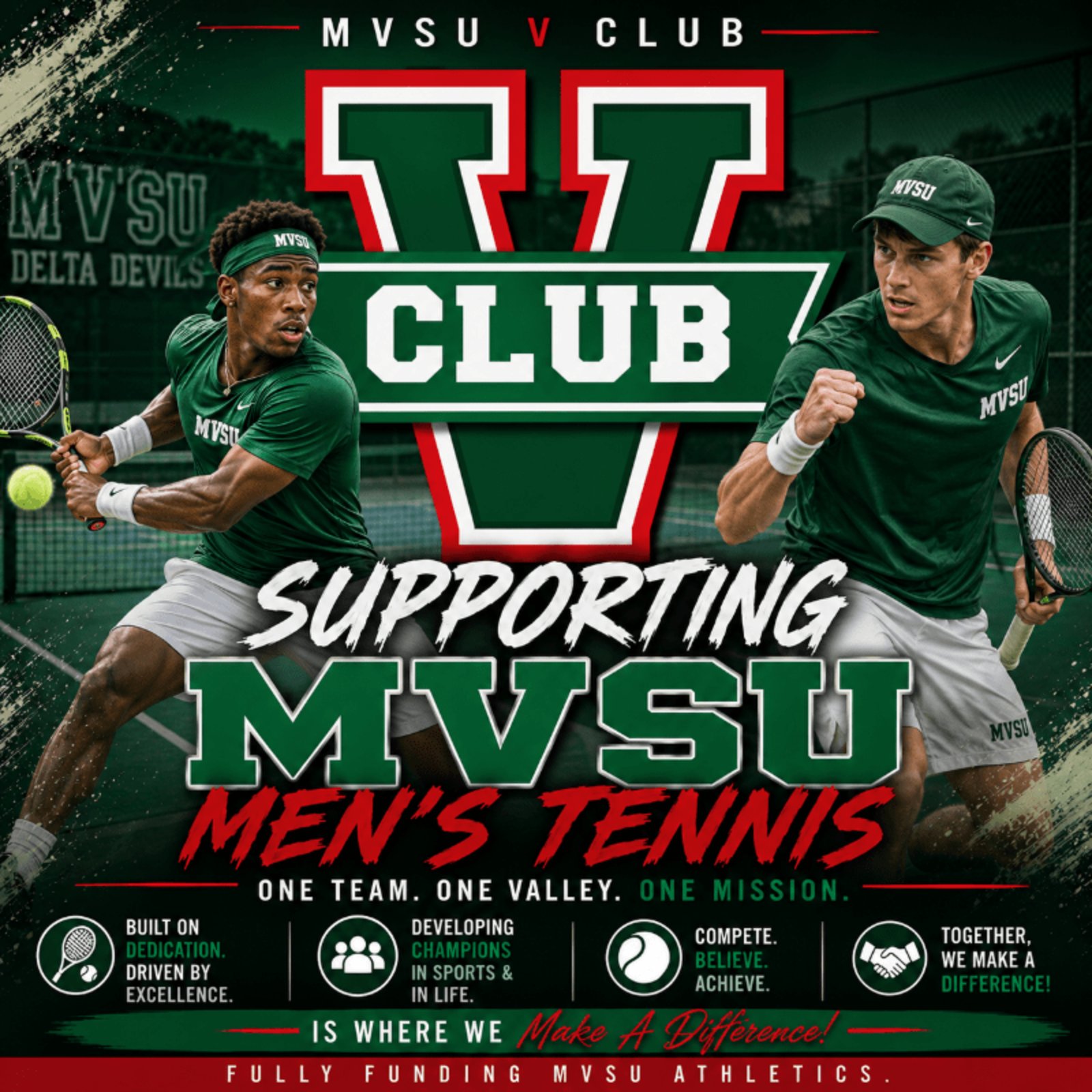 V Club campaign graphic: Supporting MVSU Men's Tennis