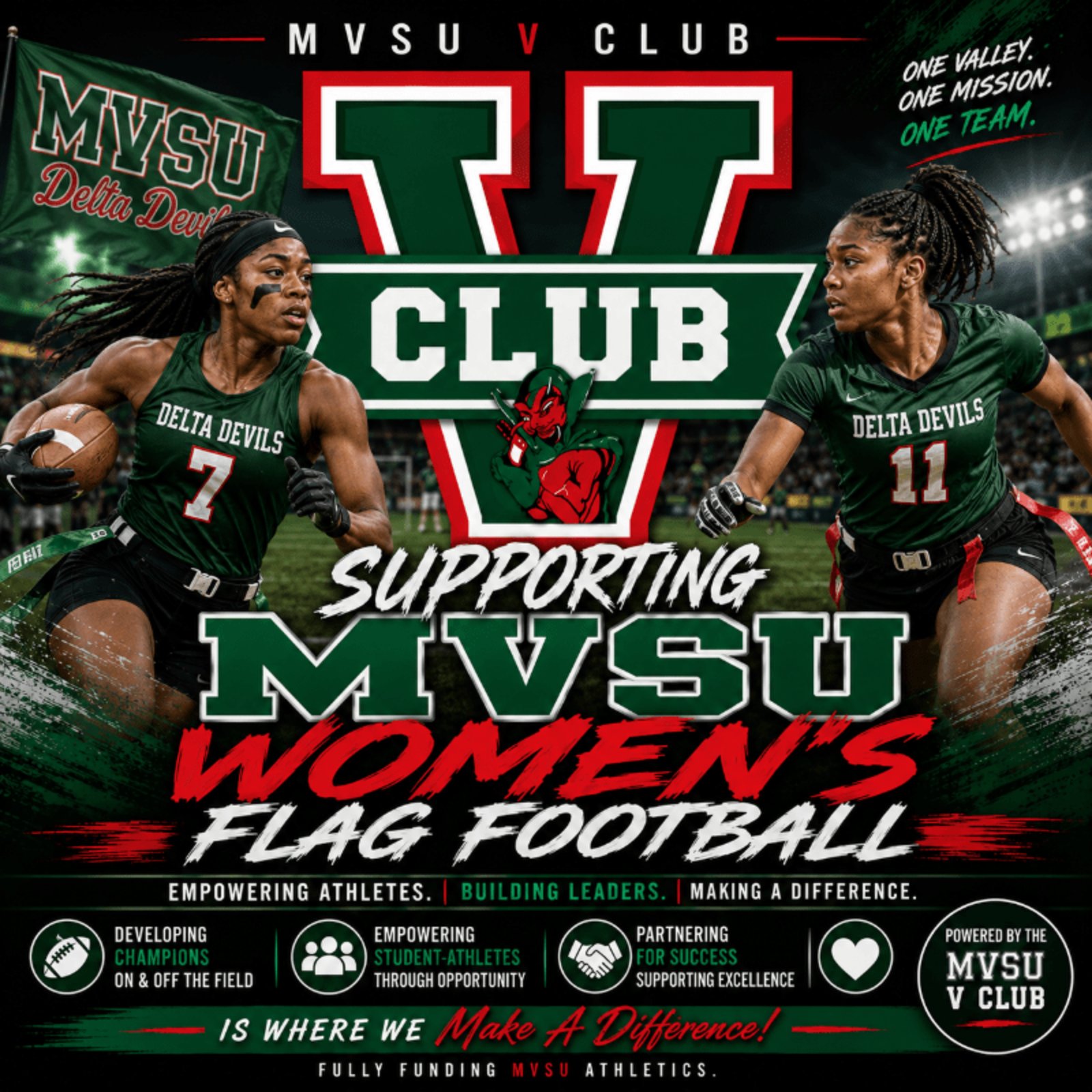 V Club campaign graphic: Supporting MVSU Flag Football