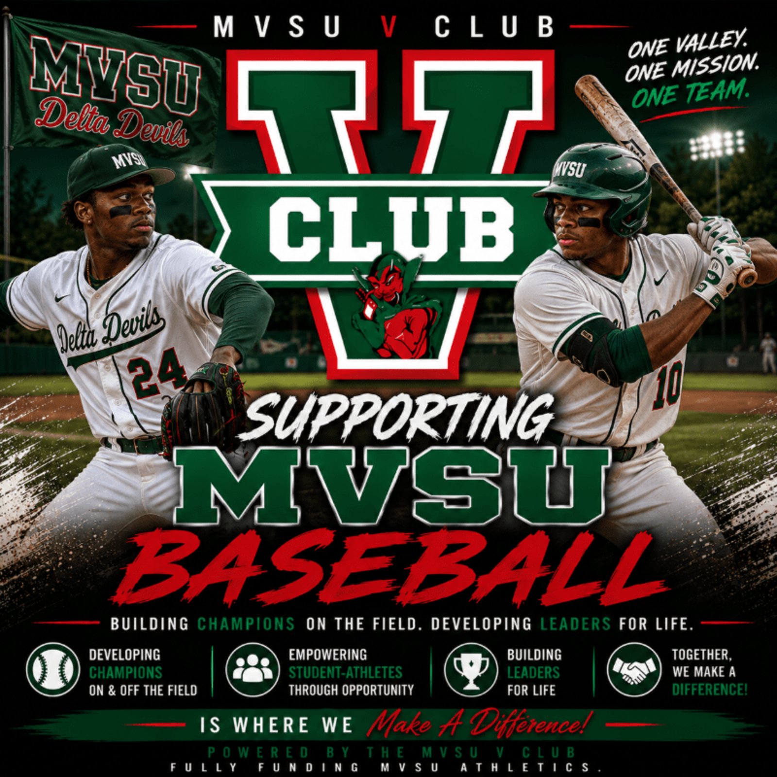V Club campaign graphic: Supporting MVSU Baseball