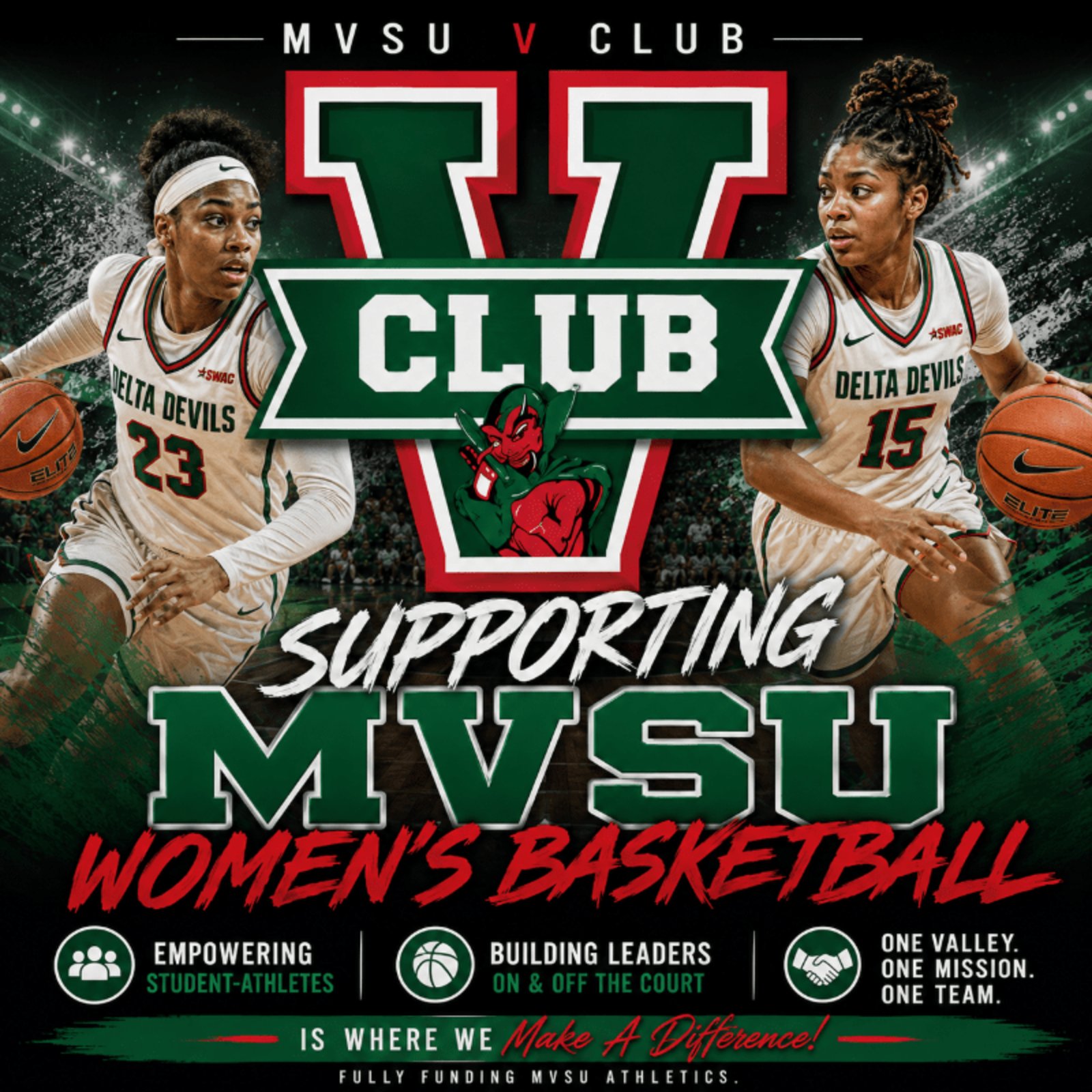 V Club campaign graphic: Supporting MVSU Women's Basketball