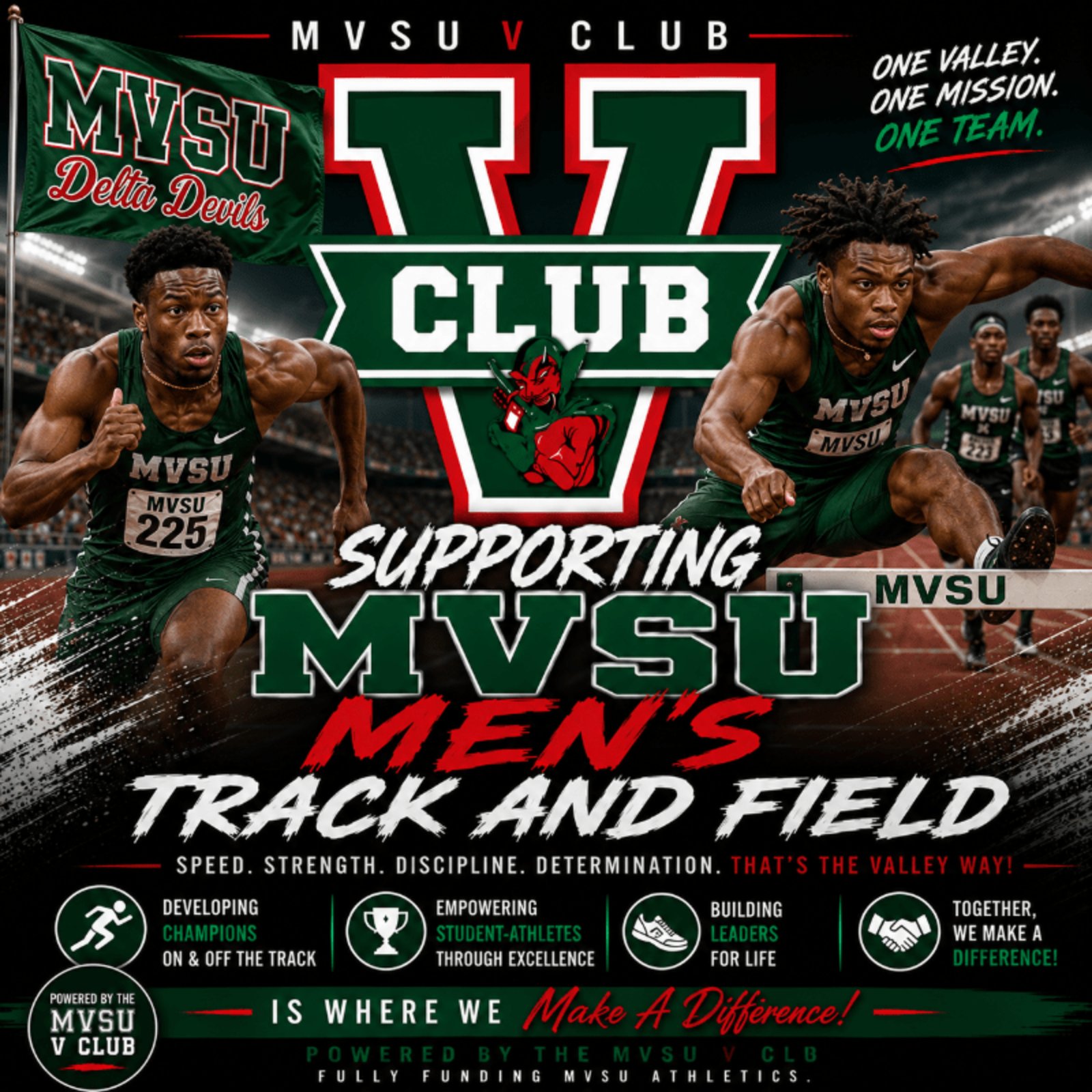 V Club campaign graphic: Supporting MVSU Men's Cross Country / Track & Field