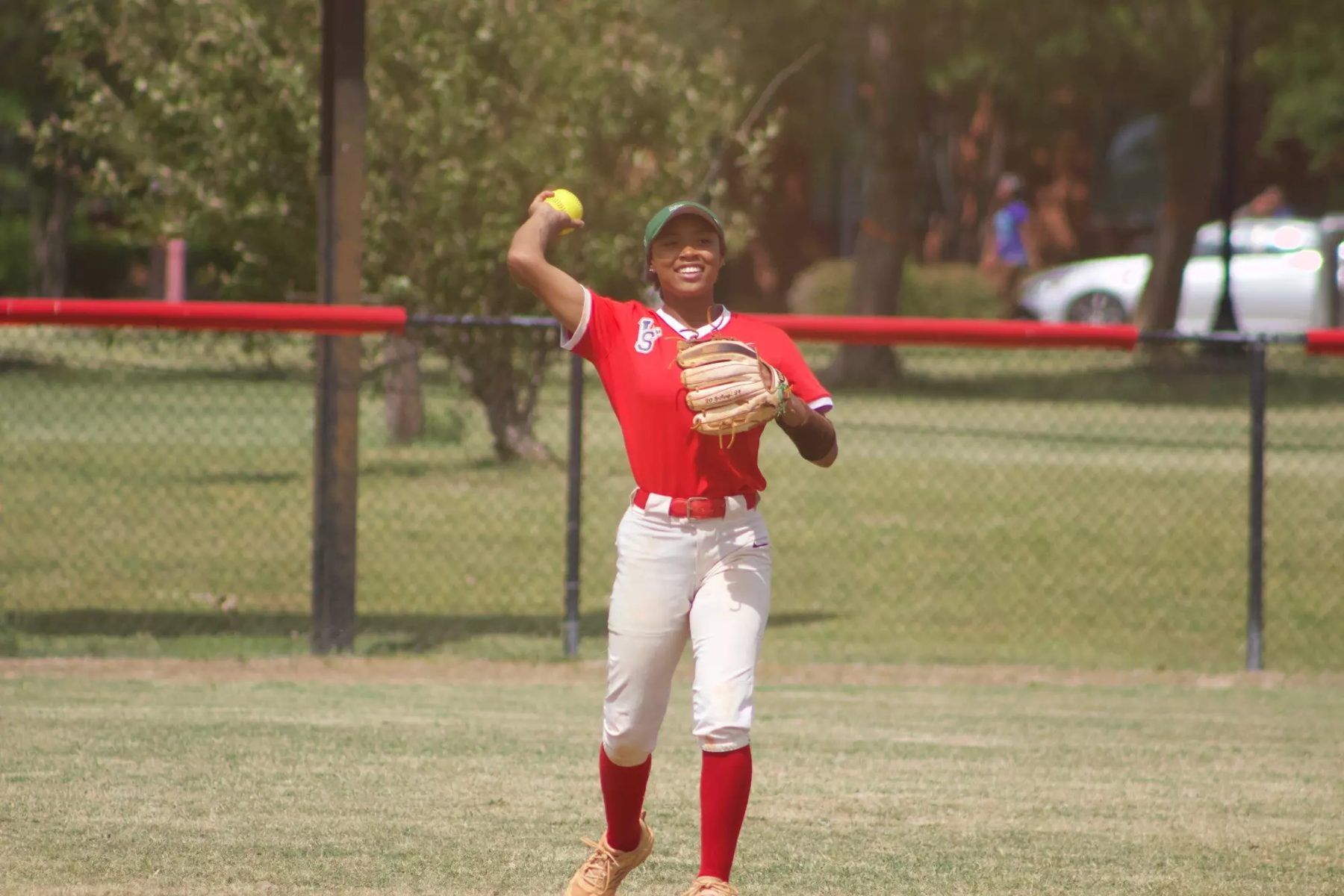 MVSU softball player throwing from the outfield