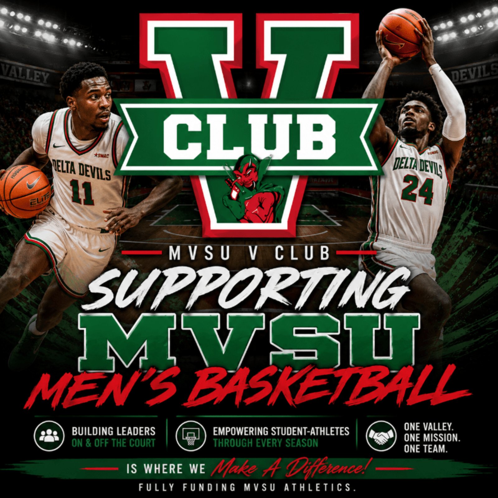V Club campaign graphic: Supporting MVSU Men's Basketball