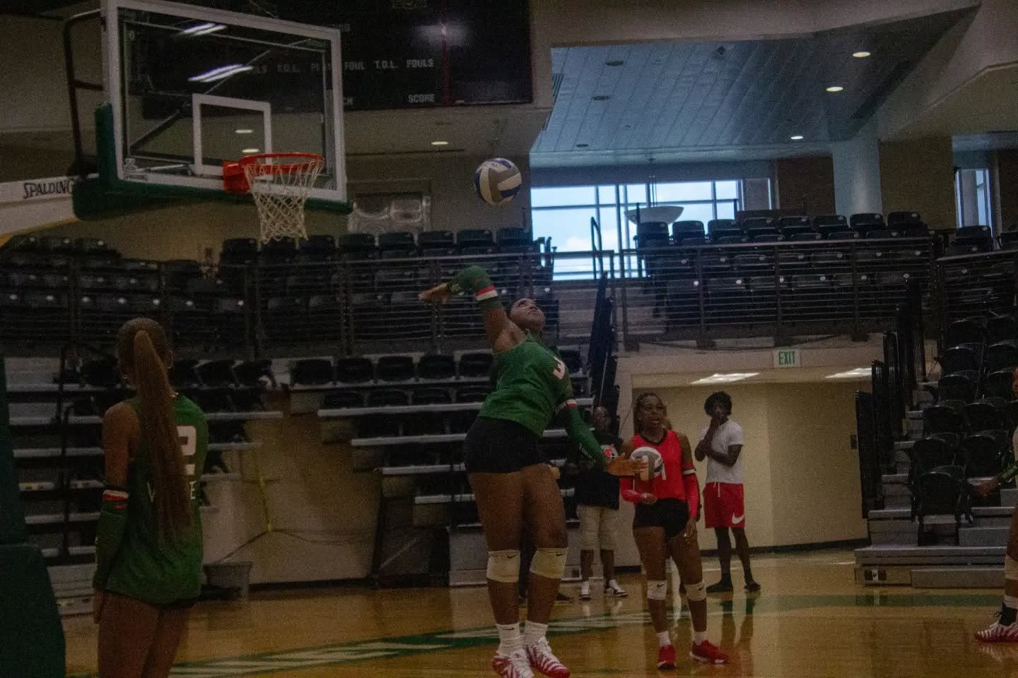 MVSU volleyball player going up to attack