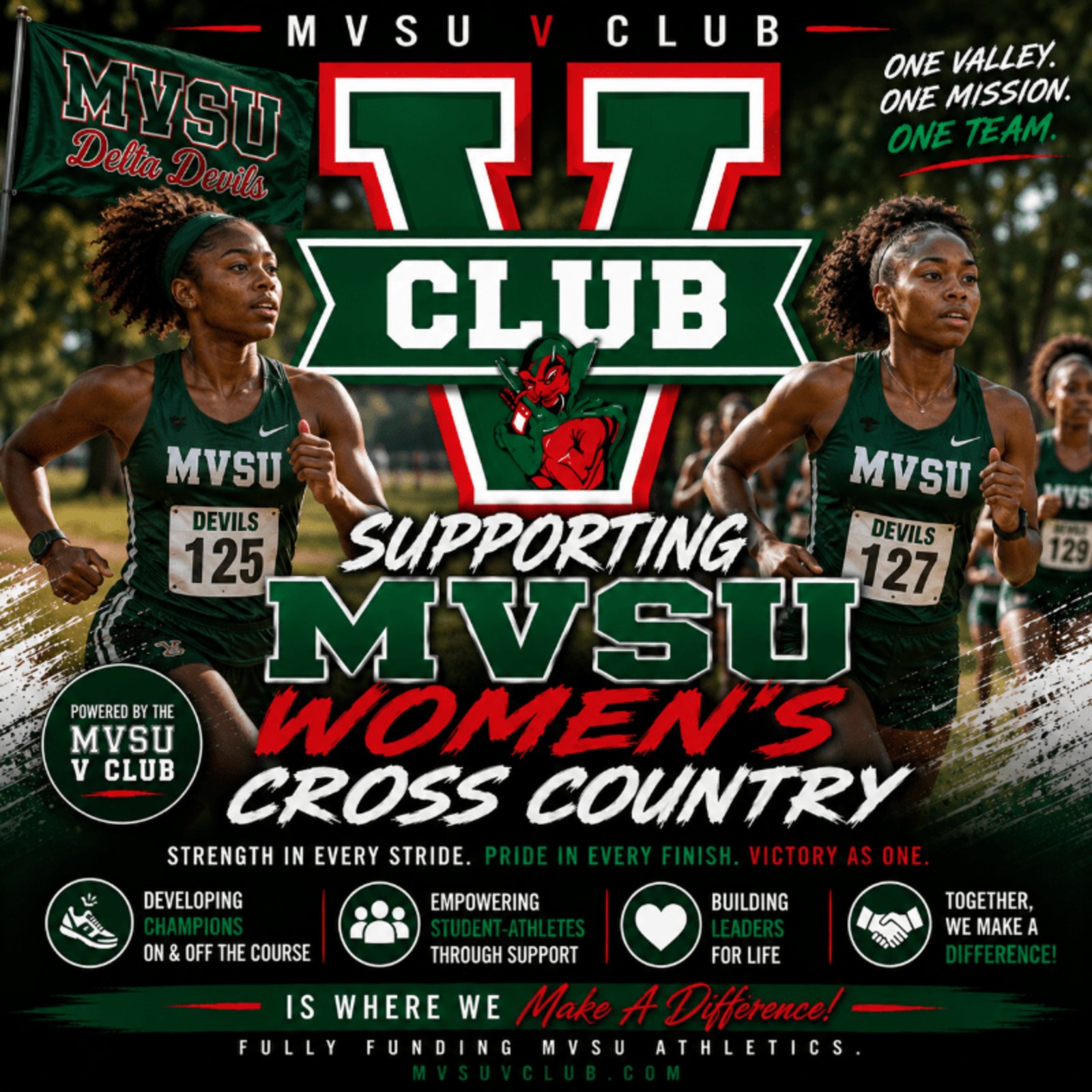 V Club campaign graphic: Supporting MVSU Women's Cross Country / Track & Field